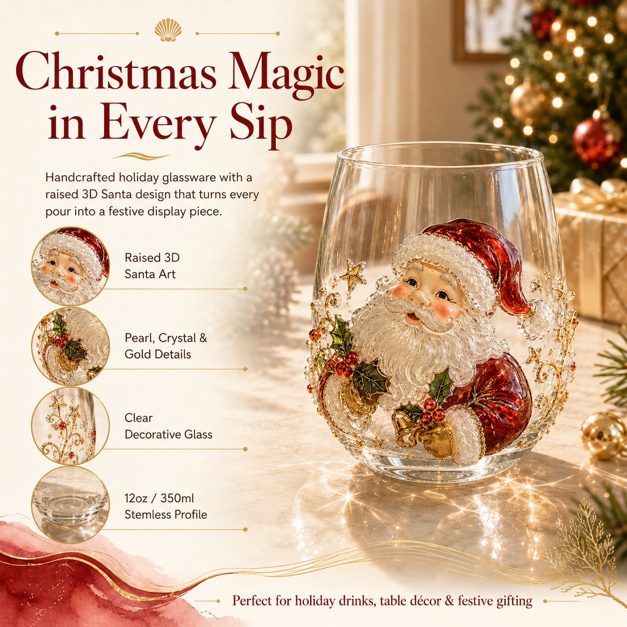 🎅🎄 3D Christmas Glass Art Cup | Luxury Raised Holiday Glassware for Drinks, Decor & Christmas Gifts 🎁