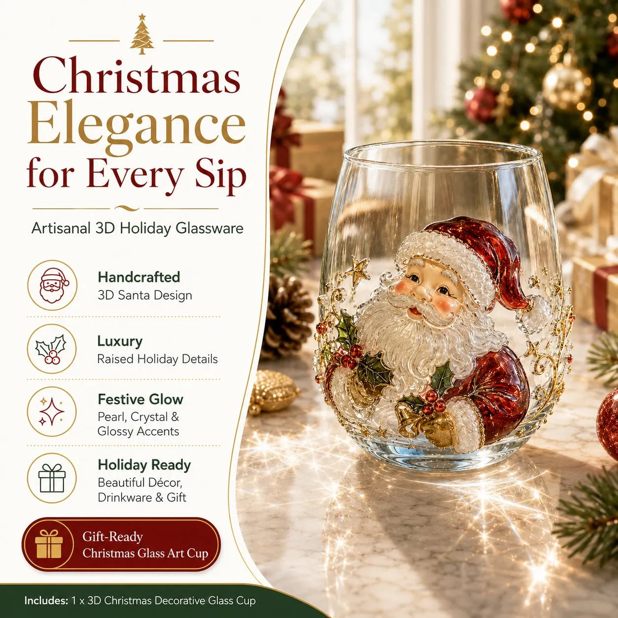 🎅🎄 3D Christmas Glass Art Cup | Luxury Raised Holiday Glassware for Drinks, Decor & Christmas Gifts 🎁