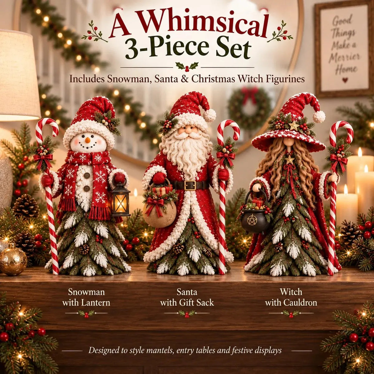 🎄 Christmas Enchanted Trio – Santa, Snowman & Holiday Witch Figurine Set