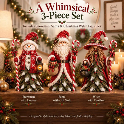 🎄 Christmas Enchanted Trio – Santa, Snowman & Holiday Witch Figurine Set
