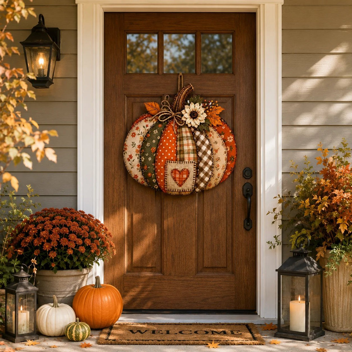 🍂🎃Retro Patchwork Pumpkin Door Hanging with Lights