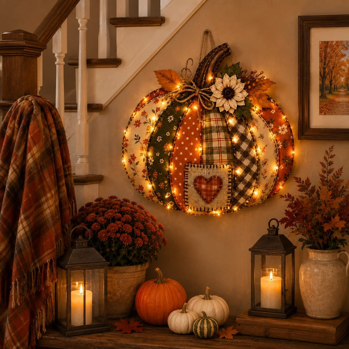 🍂🎃Retro Patchwork Pumpkin Door Hanging with Lights