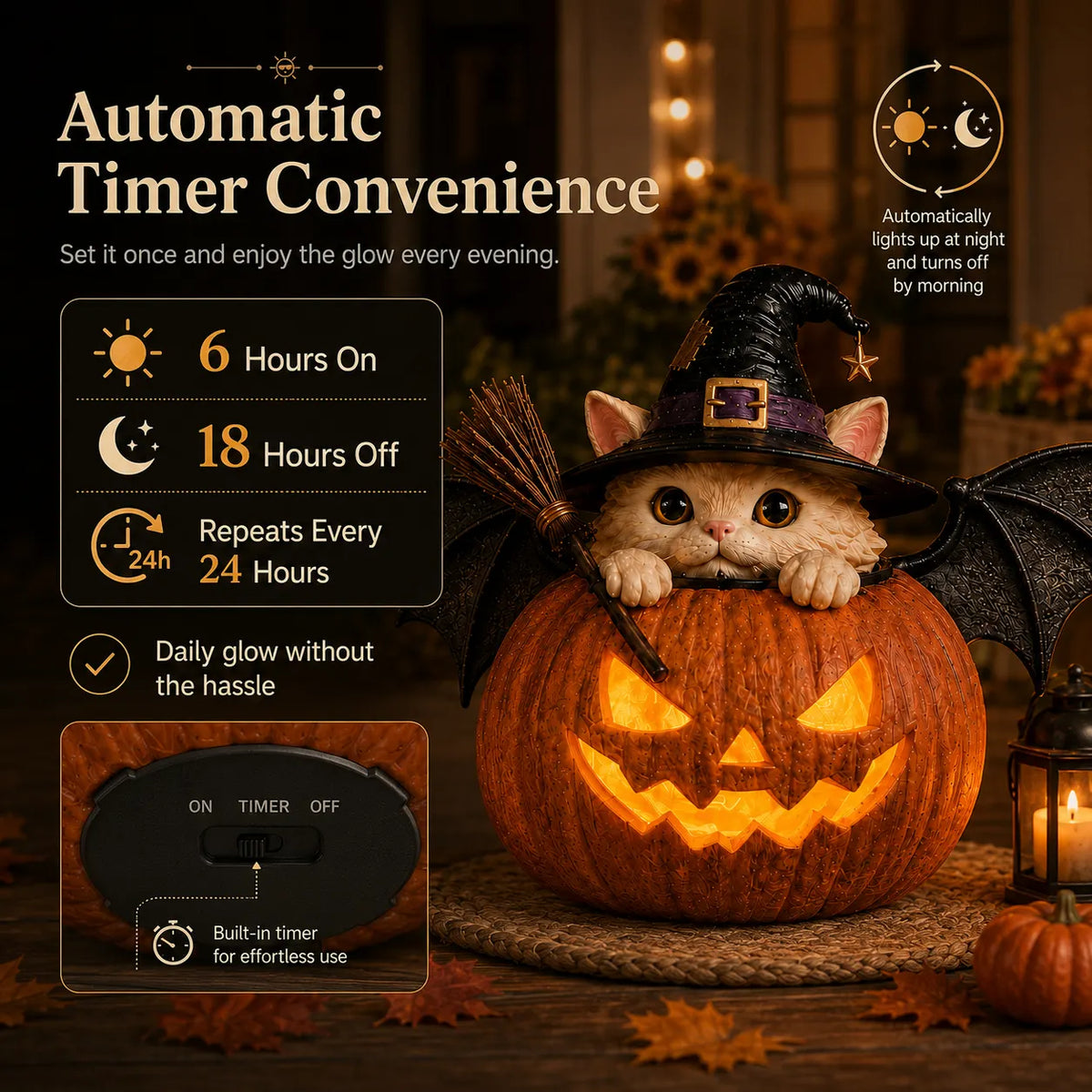 Summerween Lighted Witch Cat Pumpkin Decor with Flickering LED Timer