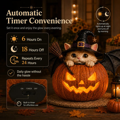 Summerween Lighted Witch Cat Pumpkin Decor with Flickering LED Timer