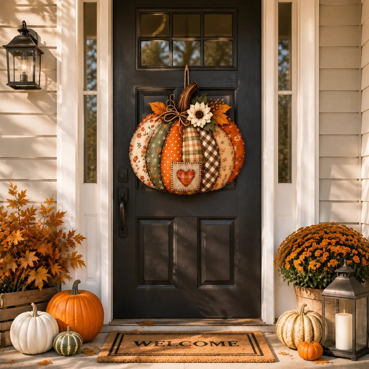 🍂🎃Retro Patchwork Pumpkin Door Hanging with Lights