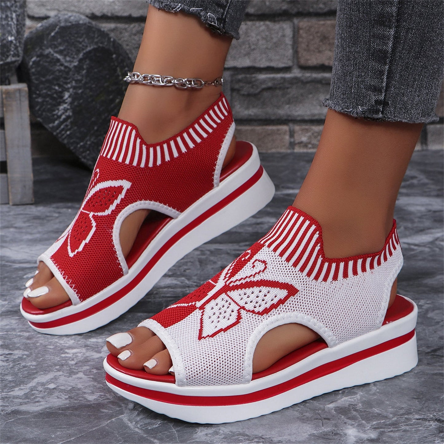 Norvail Woven Butterfly Cutout Toe Sandals ,Casual Breathable Butterfly Slip On Platform Sneaker Sandals, Thick Sole Peep Toe Summer Walking Casual Beach Sandals, Vacation Shoes for Women Summer