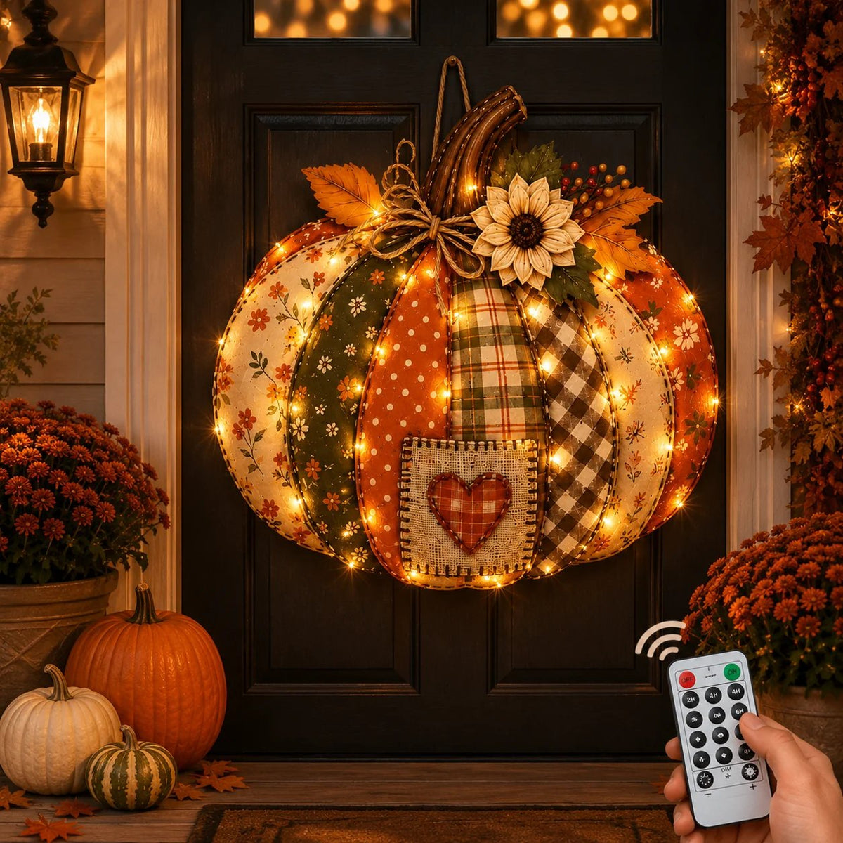 🍂🎃Retro Patchwork Pumpkin Door Hanging with Lights