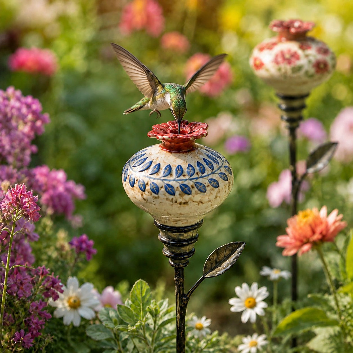 🐦🌸Vintage Ceramic Hummingbird Feeder Garden Decor Stake - Blue Leaf Pattern