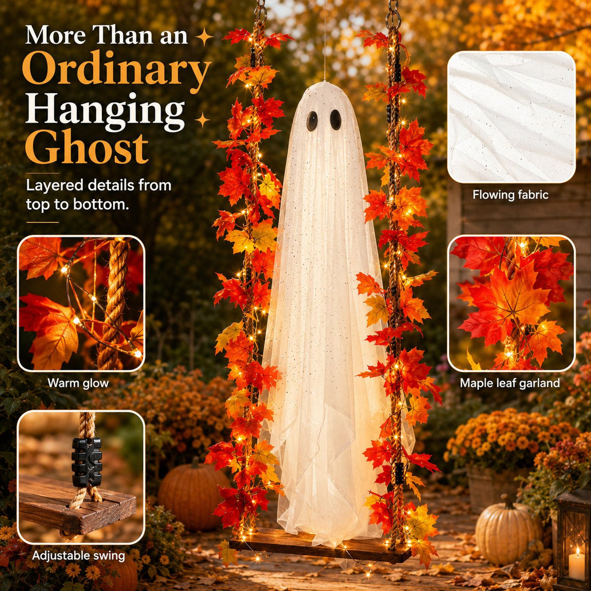 👻🍁Light-Up Maple Ghost Swing Halloween Decoration