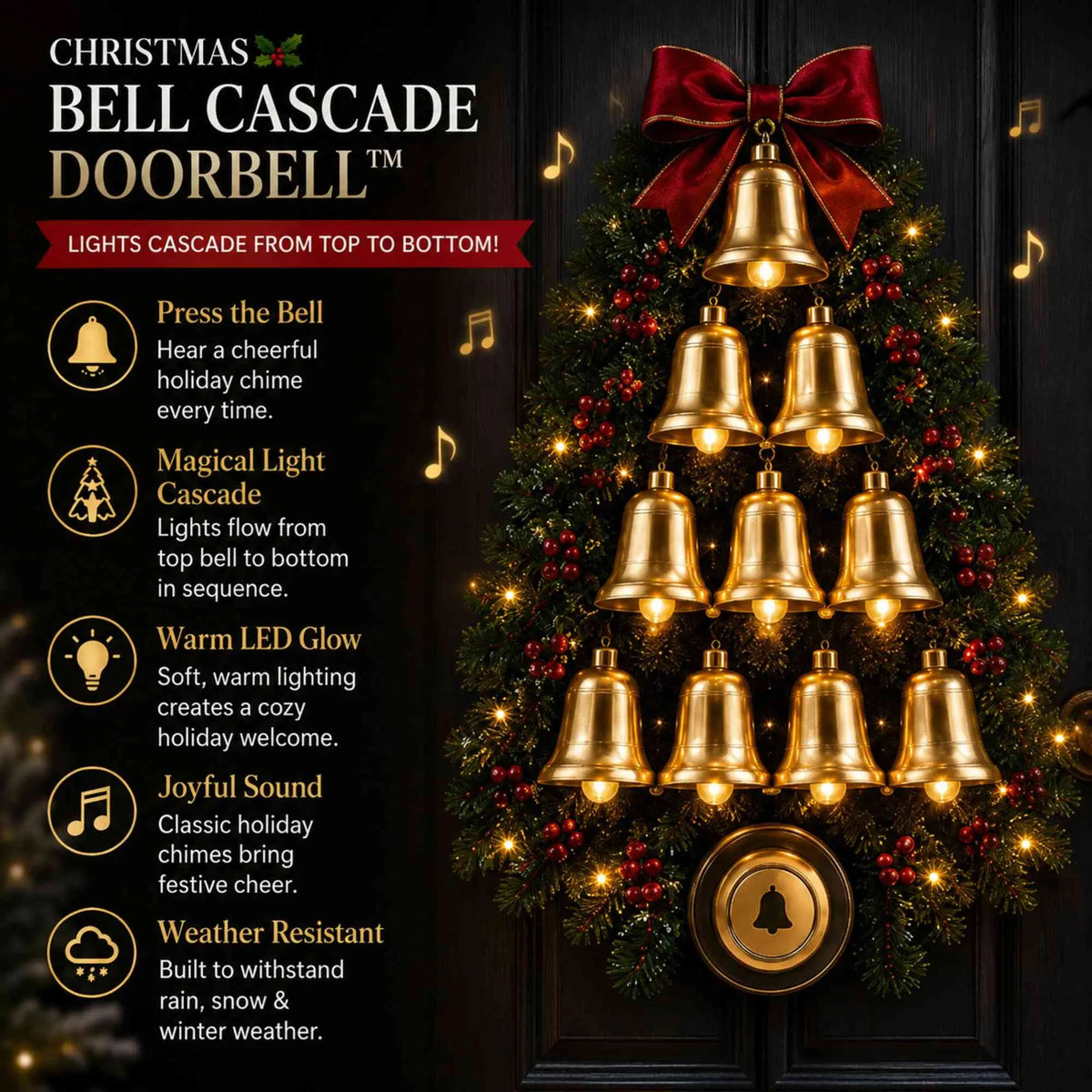 Christmas Bell Cascade Doorbell with Warm LED Lights, Musical Festive Home Decor, Front Door & Entryway Wreath Ornament, Christmas Gift for Friends