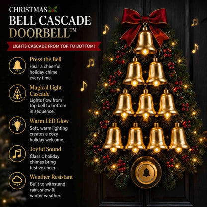 Christmas Bell Cascade Doorbell with Warm LED Lights, Musical Festive Home Decor, Front Door & Entryway Wreath Ornament, Christmas Gift for Friends