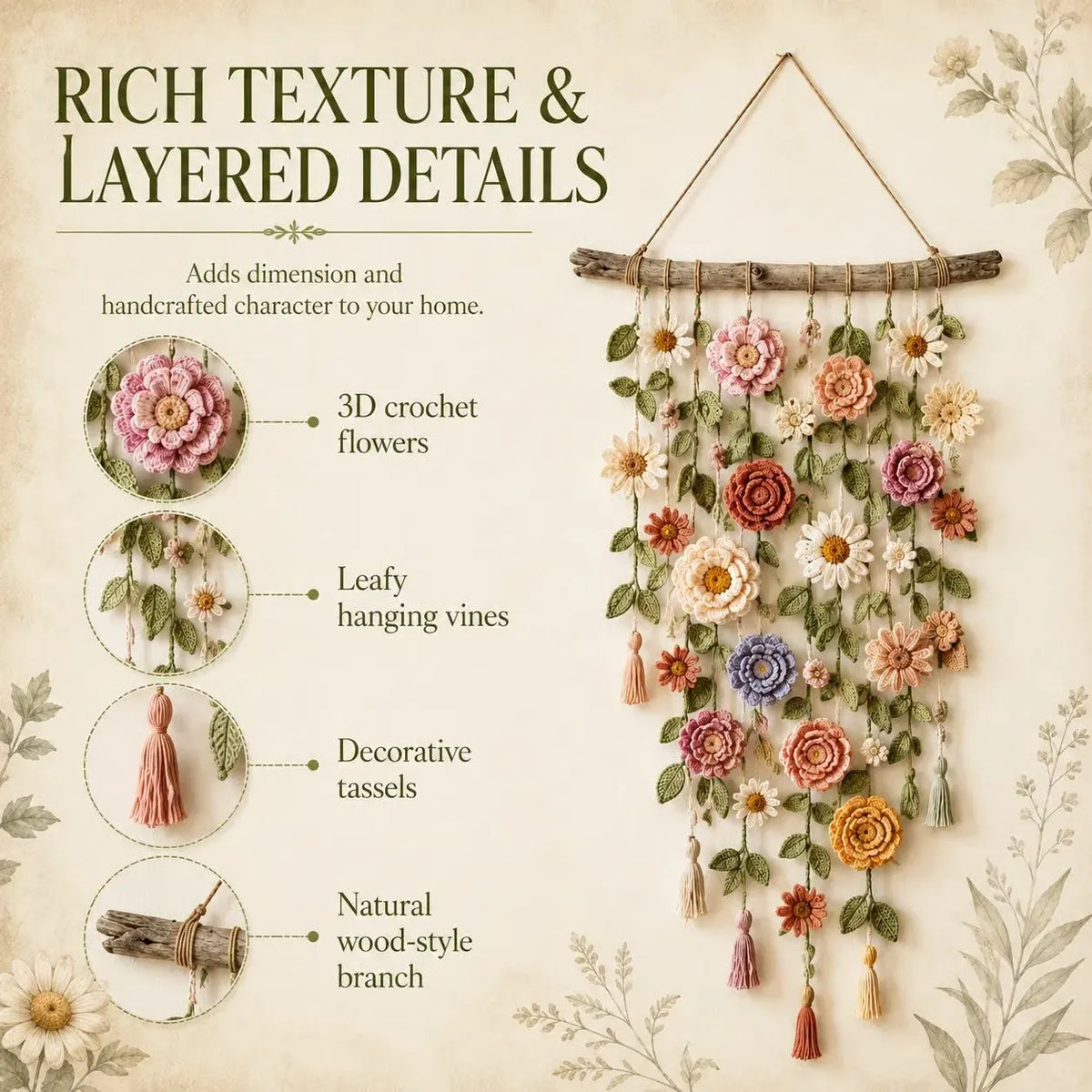 🌸HandMade Boho Crochet Flower Wall Hanging Decor(Create Your Flower Wall & Save)