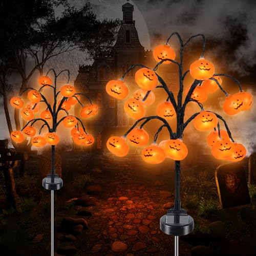 Solar Halloween Pumpkin Lights 20 Led Outdoor Waterproof Garden Pathway Decorations Orange Stainless Steel Stake Lights For Yard Patio Halloween Party Decor String Lights Orange