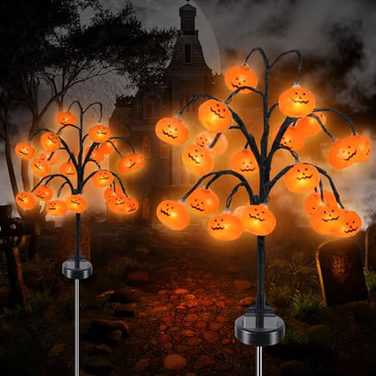 Solar Halloween Pumpkin Lights 20 Led Outdoor Waterproof Garden Pathway Decorations Orange Stainless Steel Stake Lights For Yard Patio Halloween Party Decor String Lights Orange