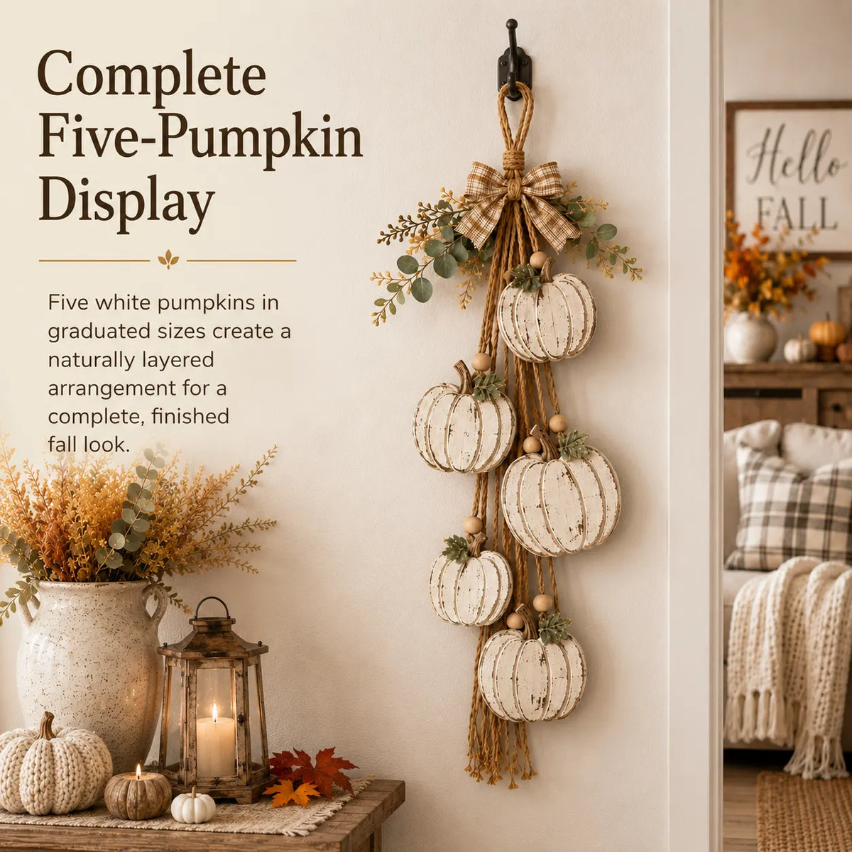 Rustic White Pumpkin Hanging Swag – 5-Pumpkin Fall Wall & Door Decor