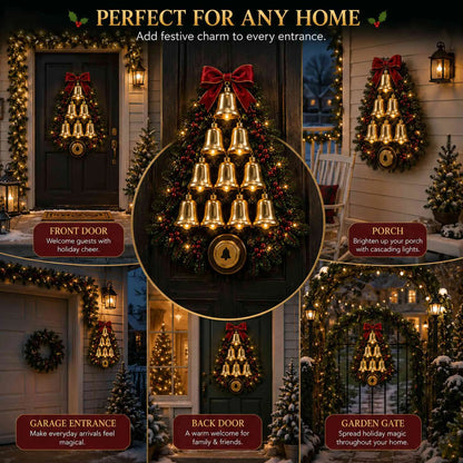 Christmas Bell Cascade Doorbell with Warm LED Lights, Musical Festive Home Decor, Front Door & Entryway Wreath Ornament, Christmas Gift for Friends
