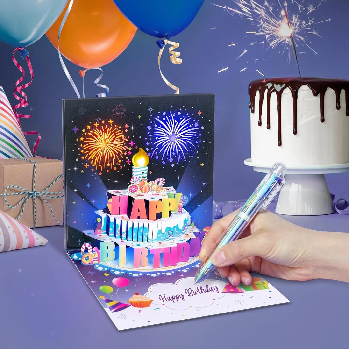 💥🏆HOT SALE🔥🎂Birthday Cards With Fireworks & Pop Up Cake & Blowable Light and Music
