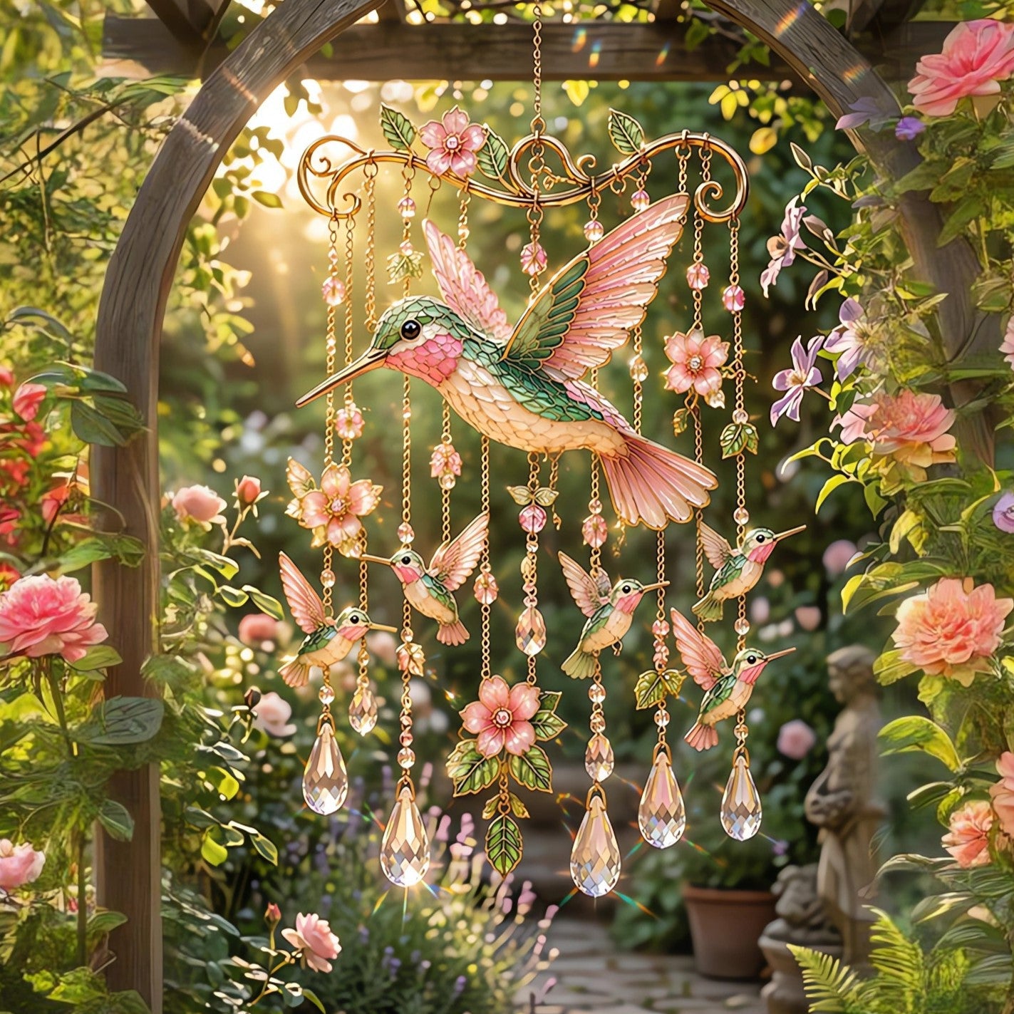 🐦 Stained Hummingbird Wind Chime – A Heavenly Melody for Your Garden