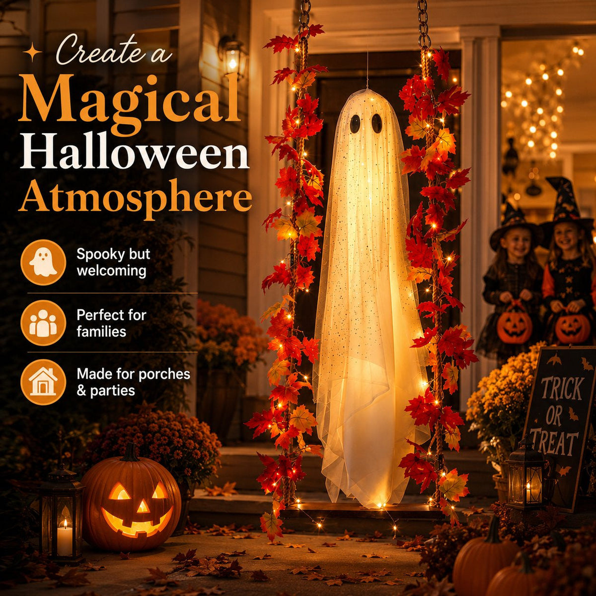 👻🍁Light-Up Maple Ghost Swing Halloween Decoration
